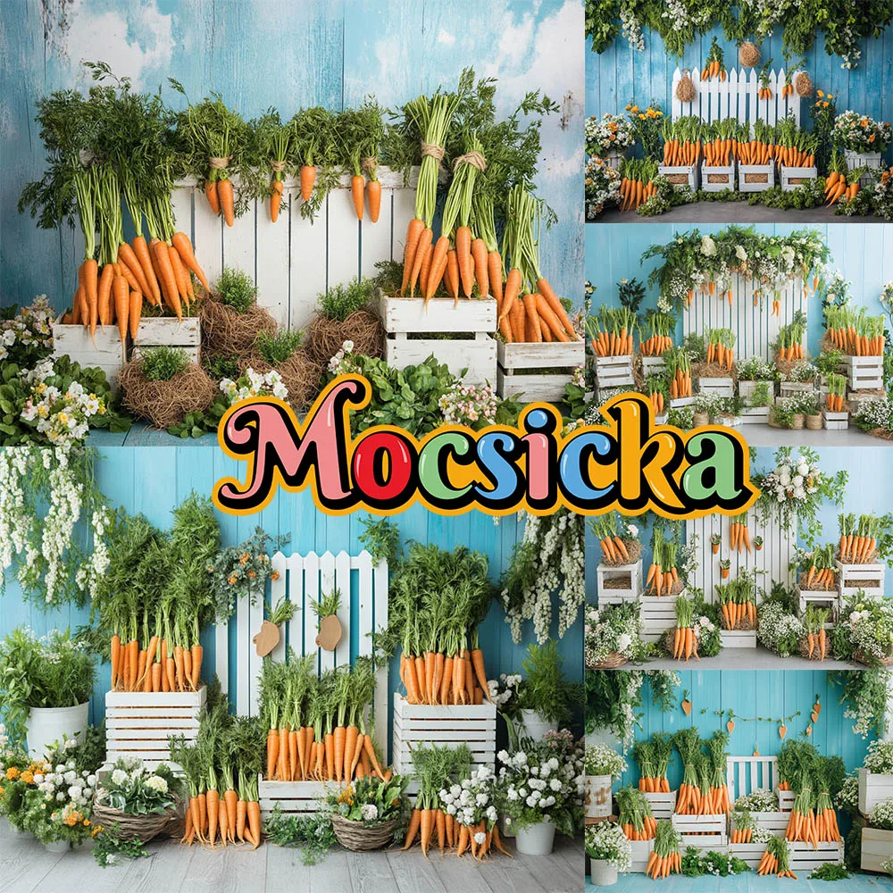 

Mocsicka Easter Photography Backdrop Carrots Spring Flowers Crates Blue Wall Fresh Greens Wildflowers Photo Studio Background