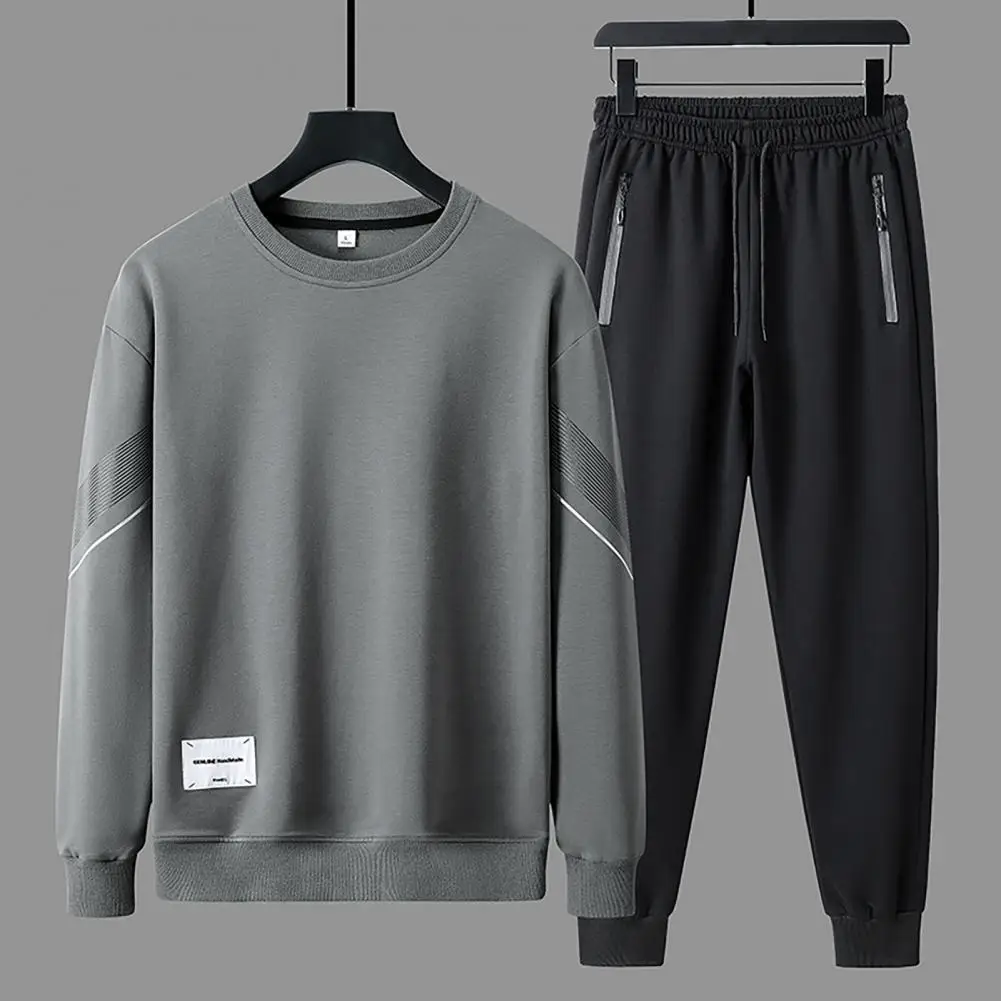 2Pcs/Set O-neck Long Sleeve Mid-rise Elastic Waistband Pockets Men Outfit Spring Autumn Splicing Color Sweatshirt Jogging Pants