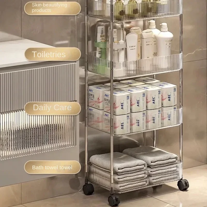Transparent Storage Rack Movable Snack Cart Acrylic Bedroom Shelf Multi Layer Cosmetic Bathroom Bookshelf Utility
