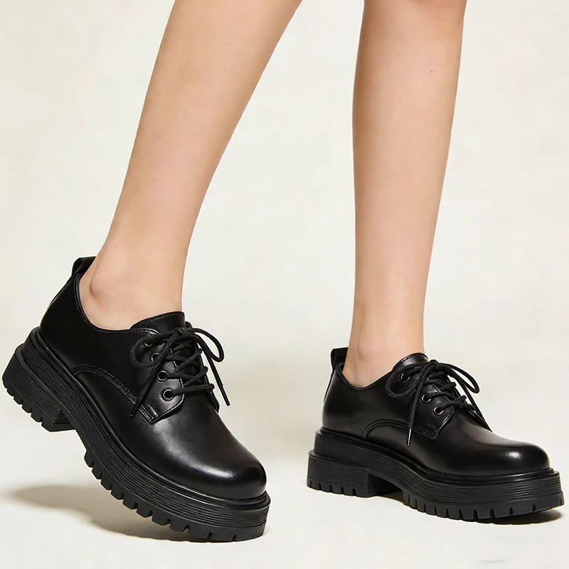 

Black Leather Platform Wedge Oxford Shoes With Lace Up Chunky Sole Round Toe Comfortable Casual Walking Shoes For Daily Work