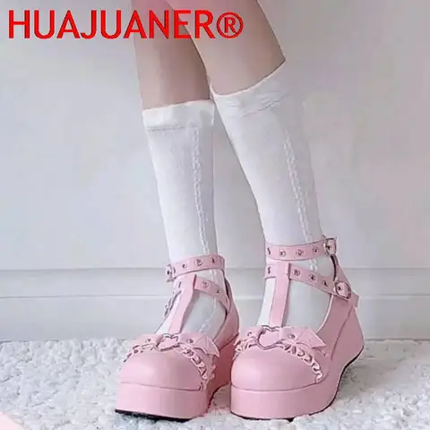 Женские туфли Мэри Джейн на танкетке с пряжкой Sweet Heart, розовые, с Т-образным ремешком, на массивной платформе, в стиле Лолита, панк, готика, косплей, большие размеры до 43