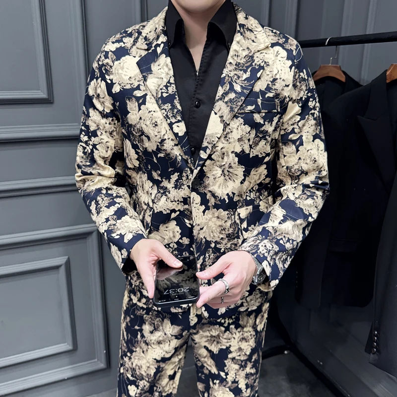 

2024 Men's Fashion Fine Cotton Elastic Active Printing (suit + Trousers) Business Casual Fashion Handsome Two-piece Set