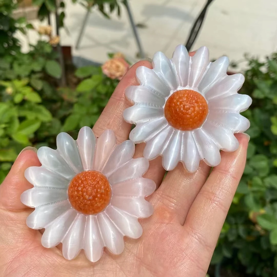 

10pcs Natural Selenite Sunflower White Orange Selenite Carved Fengshui Statue Clear Figurine Reiki Healing Craft Home Decor