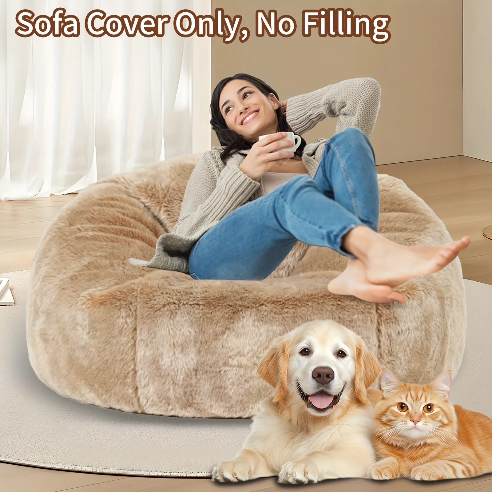 [Only Cover] 6/7ft Sofa Sack Bean Bag Chair Cover (Cover Only), No Filling Comfy Fluffy Round Or Oval Beanbag Chair Cover Replac