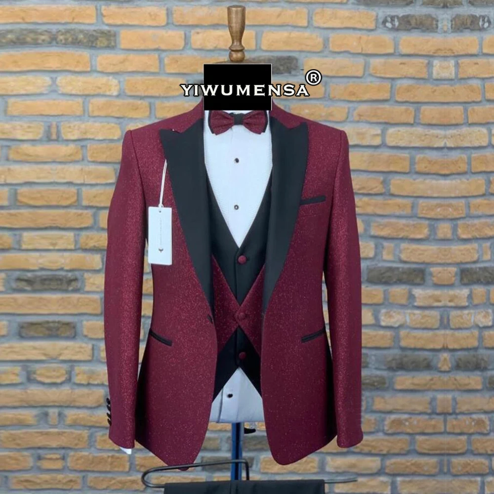 

Spring/Autumn Suits Men Slim Fit Glitter Jacket+Vest+Pants 3 Pieces Formal Bridegrooms Wedding Tuxedo Costume Homme Blazers 2022