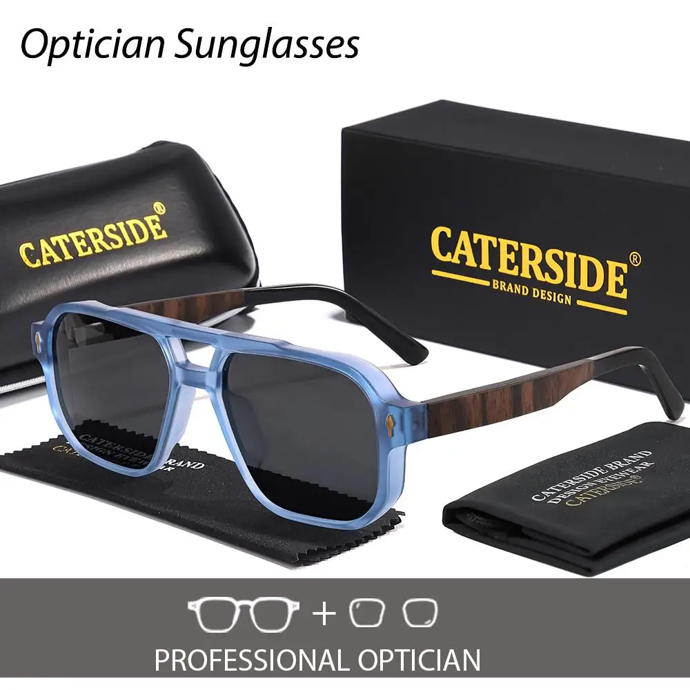 CATERSIDE Retro Quadratische Piloten-Sonnenbrille für Herren und Damen mit Holzmaserung-Bügeln, Korrektionsbrille, Luxuriöse Maßanfertigung – Detail 1