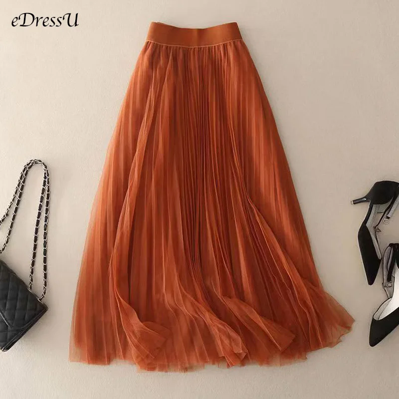 Women Tulle Pleated Skirt 3 Layers Mid Long Mid-Calf Vintage High Quality Elegant Orange Black Bottom Skirt P-6