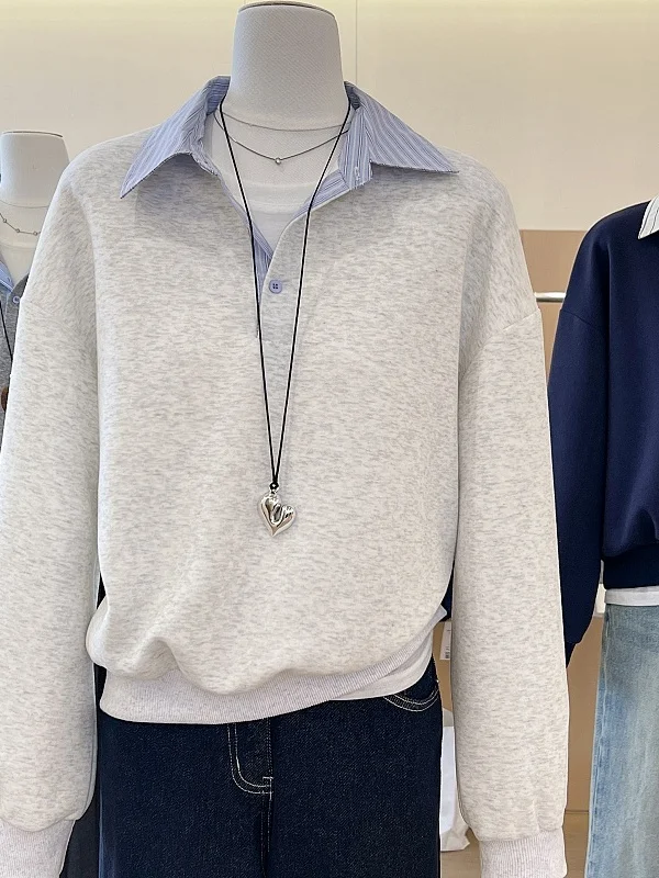 

Fashionable Grey Neck Sweatshirt Classic Women's Top High-End Unique Fake Two-Piece Design French Style Viscose Fiber
