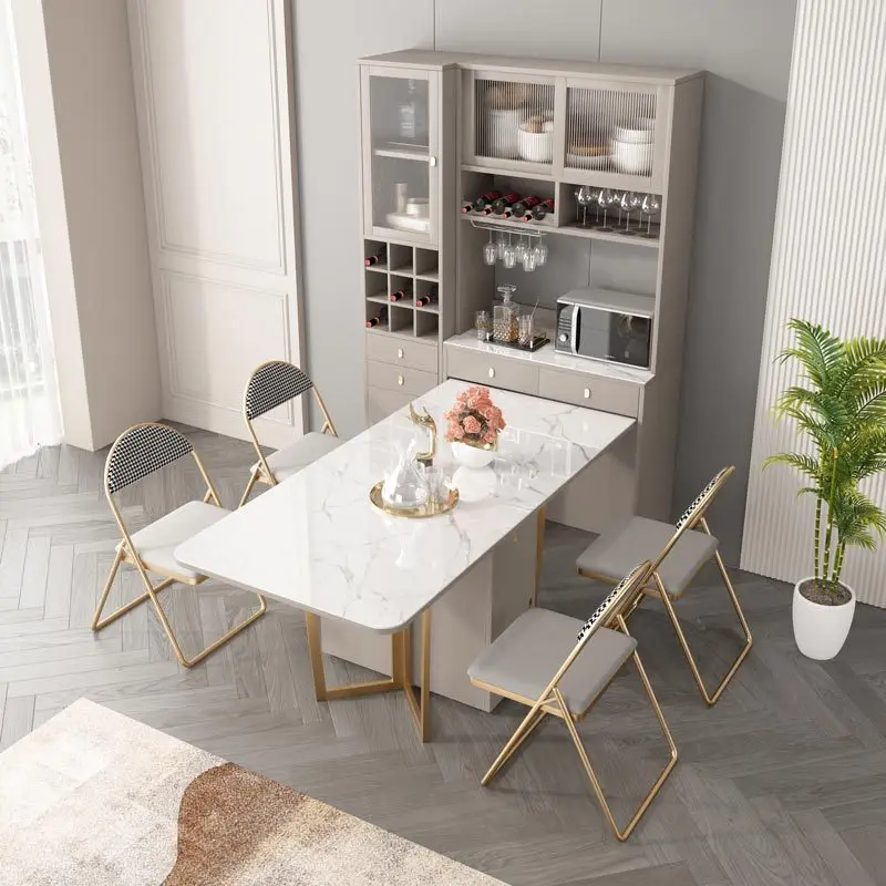

Rock slab folding dining table integrated retractable side cabinet wine cabinet multi-functional combination small apartment