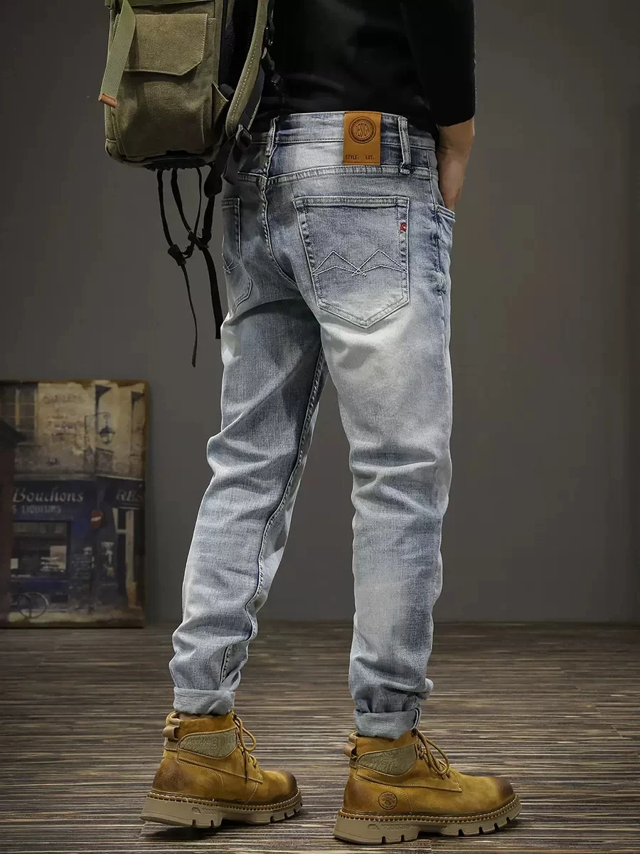 Newly Designer Fashion Men Jeans Retro Light Blue Stretch Slim Fit Ripped Jeans Men Casual Trousers Vintage Denim Pants Hombre