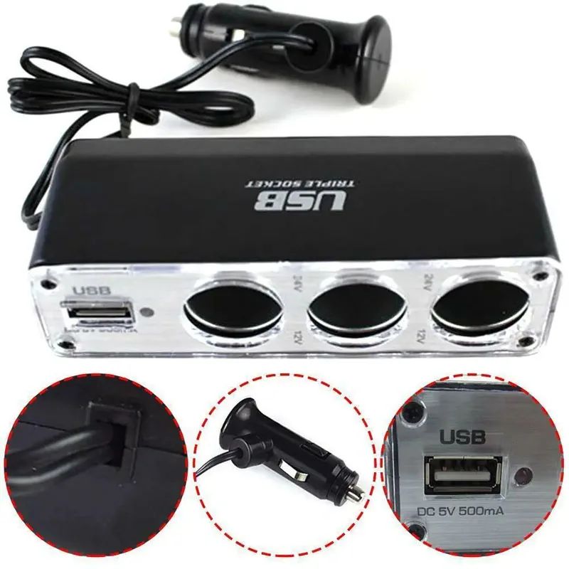 3 Way Multi Socket Car Cigarette Lighter Splitter USB Port Plug With 12VCharger Charger Adapter USB Triple