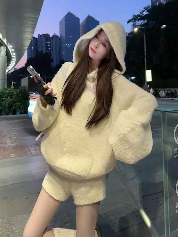 Sweet Cute Loose Knitted Hoodie And Shorts Set Women's Autumn Winter Fashion Casual High Waist Short Pants Two Piece Suit image 3