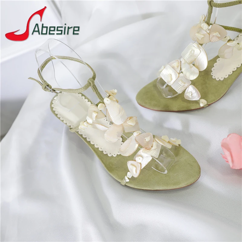 Shells Design Women's Sandals Green Suede Open Toe Ankle Strap Kitten Heel Shoes Summer New Outdoor Beach Party Wedding Shoes