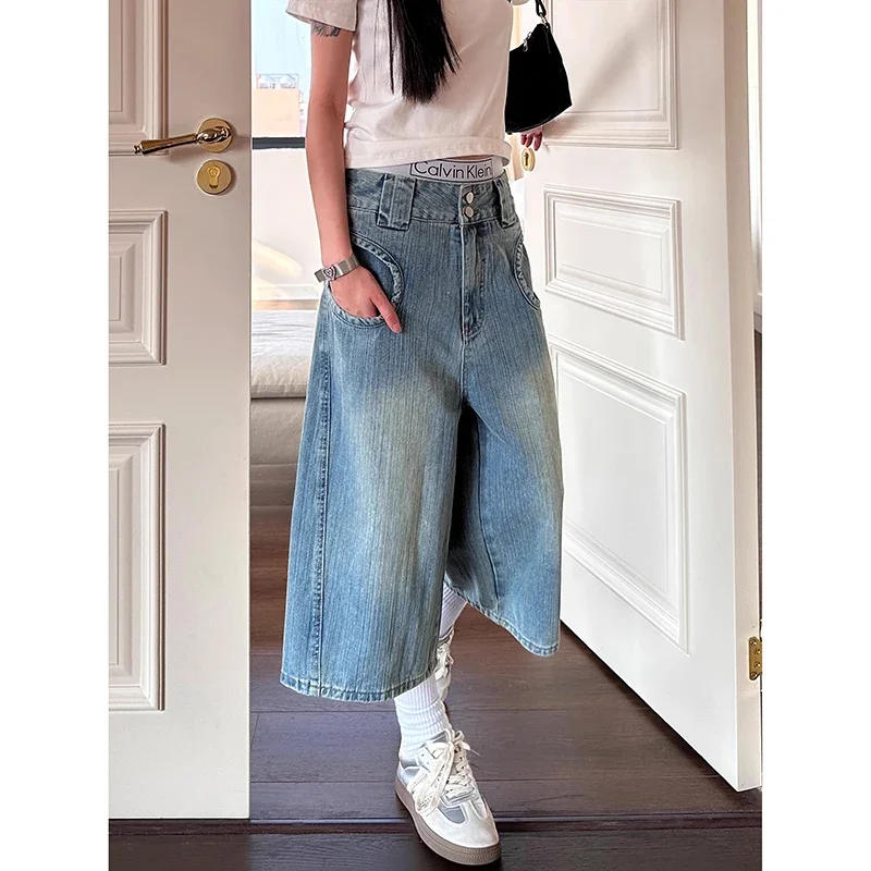 Vaqueros Cargo azules Vintage Y2k de los años 90 para mujer, pantalones cortos holgados de gran tamaño Harajuku, ropa de calle, Capris Retro americano