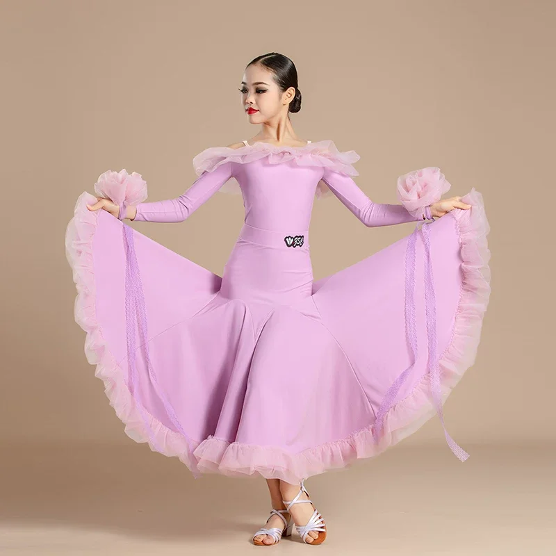 

Off-Shoulder Modern Dance Dress for Girls Long Sleeve Ballroom Competition Performance Costume Elegant