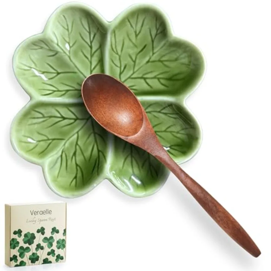 

Ceramic Spoon Rest 5.5" Green Leaf Shaped Spoon Holder for Stove Top Handcrafted Large Spatula Holder Master-Designed Kitchen U