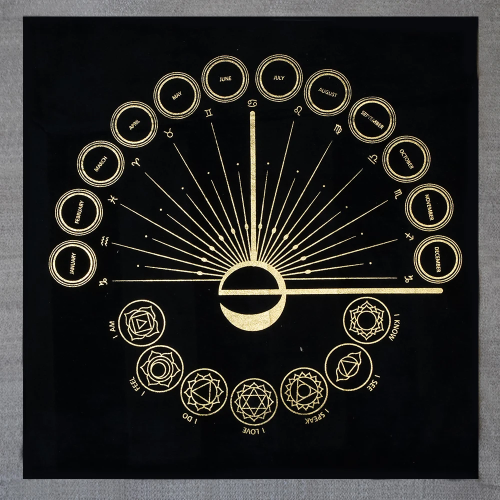Celestial Zodiac Calendar Chakra Altar Cloth Black Gold Sun Moon Divination Mat Month Astrology Spiritual Tablecloth Mystic Home