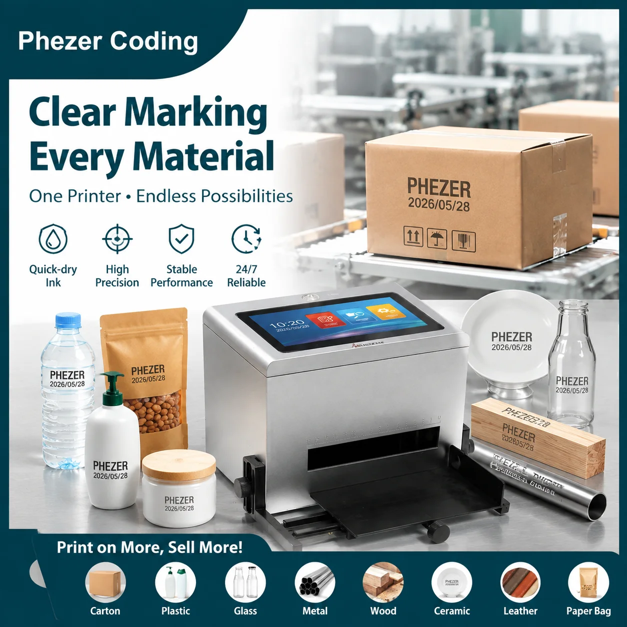 Phezer PO1 Desktop Portable Inkjet Printer 12.7/25.4mm Batch Code Date Printing Machine Carton Bottle QR Code Barcode Number