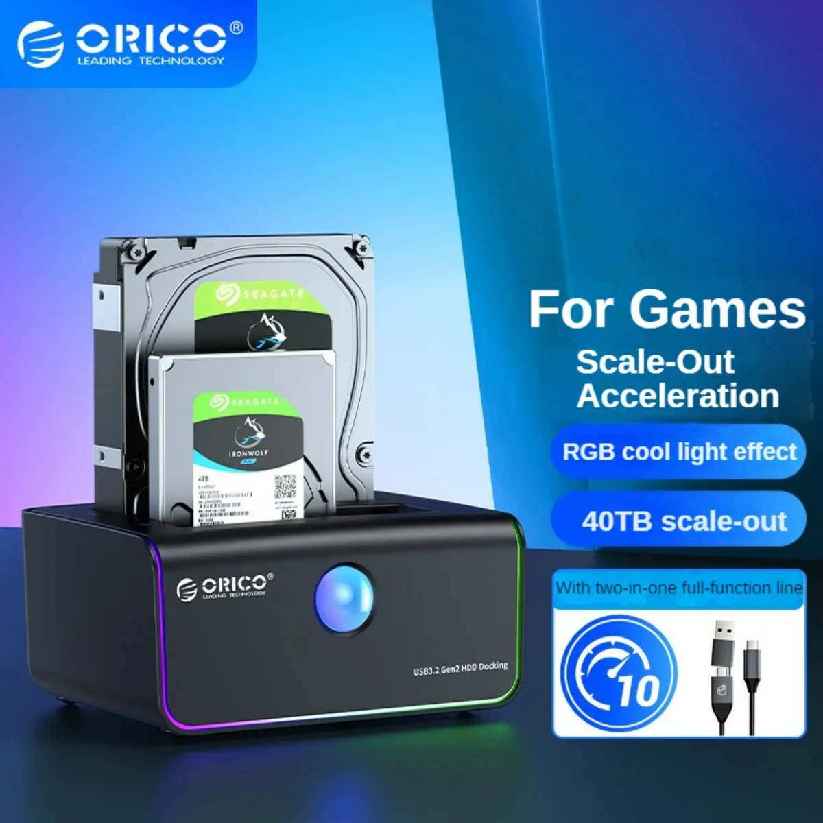 ORICO External Hard Drive 2 Bay Type-C 10Gbps Hard Disk Docking Station with Auto-Sleep Offline Clone Hard Disk Case PC Case