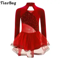 Girls Ballet Leotards Long Sleeve Velvet Sequins Gymnastics Leotard with Tulle Tutu Skirt Ballerina Dancing Practice Outfits