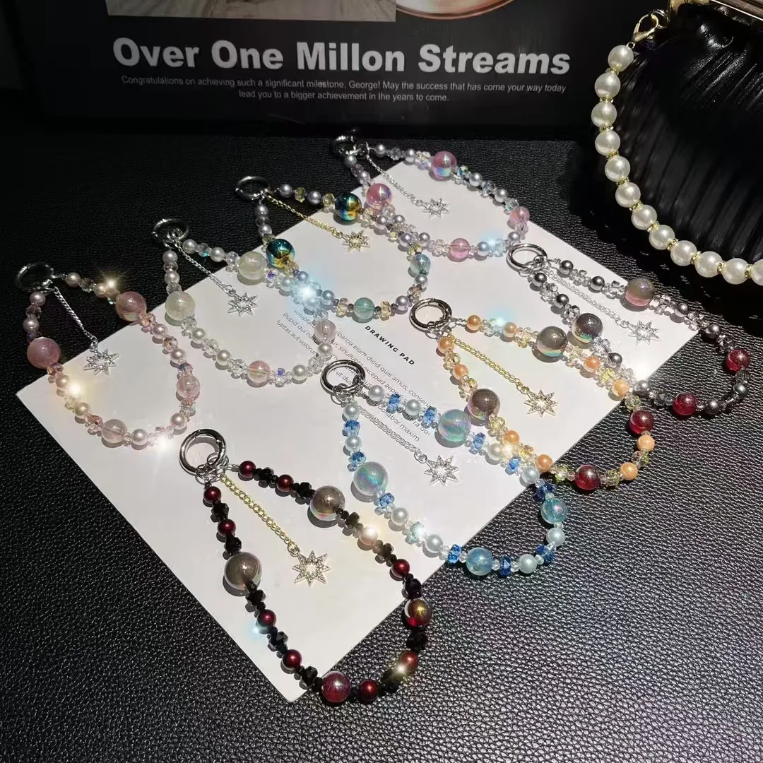 High-end Pearl Mobile Phone Pendant Chain Glitter Round Beads Hand-strung Beads Crystal Star Car Keychain Pendant Bracelet