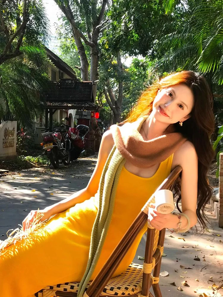 

STAZF7 plus Size Summer Knitted Dress Set Women's Sleeveless Gown with Shawl Color Block Design High Quality Commute Style