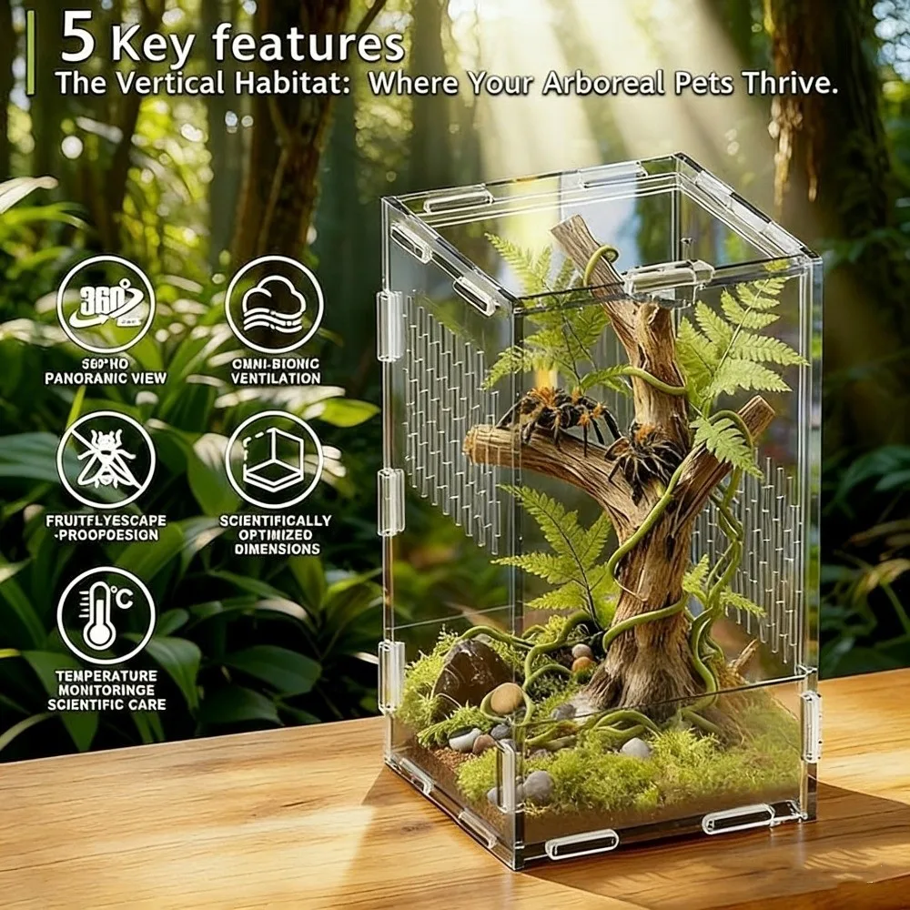 

Акриловый террариум для прыгающих пауков с замком-защелкой, защита от побега, вентилируемый прозрачный контейнер для кормления рептилий, домик для пауков