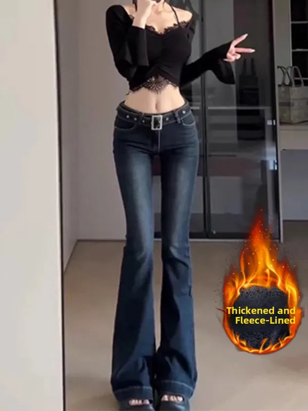 甘辛韓国風スレフレアジーンズレディースティーネッドフェイスレトロローウエストスリムアンクル丈パンツ