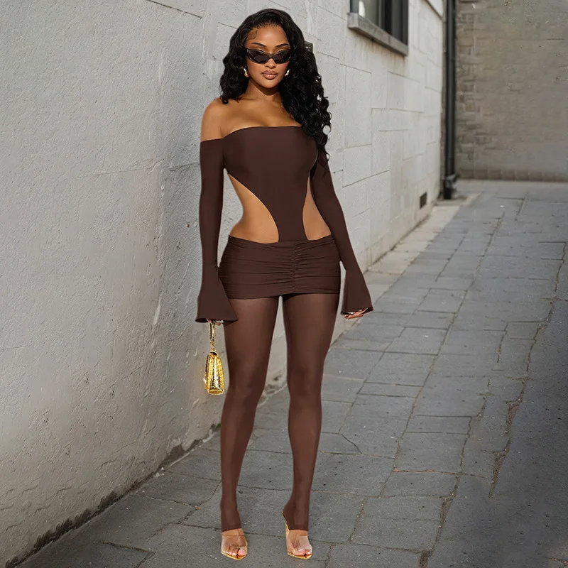 

Beyprern Sexy Cutout Bodycon Jumpsuit Skinny Rompers Women Off Shoulder Sheer Tights Leggings Clubwear Night Out Party Wear