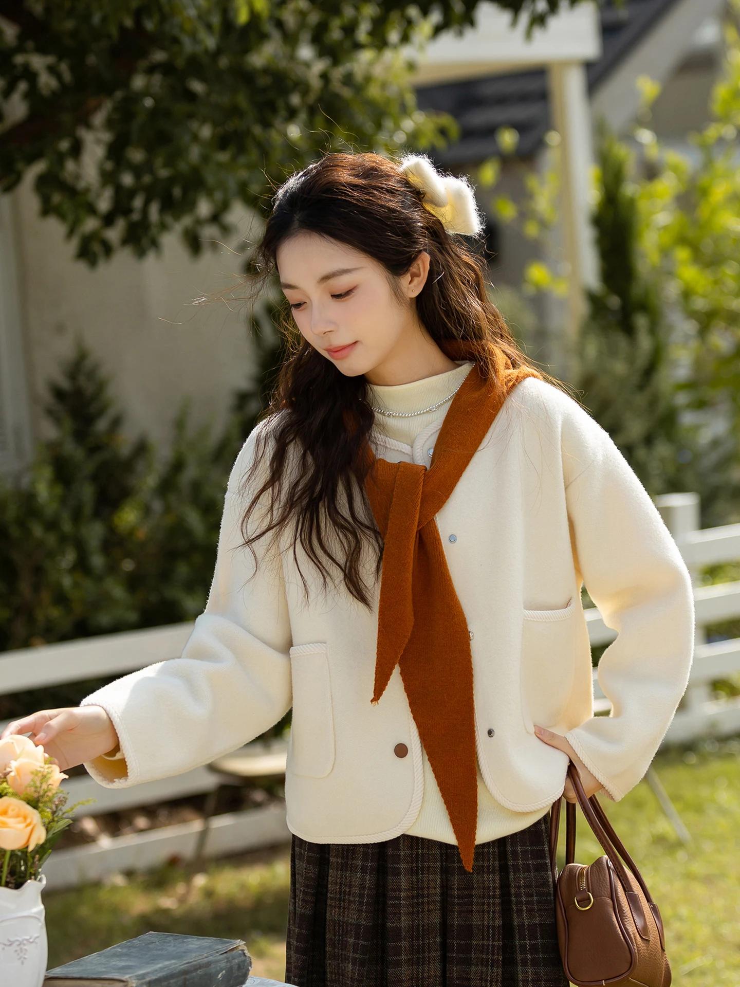 

Double-Sided Woolen ort Coat Thiened Fem Sle Left Bank Mili White Color Korean Aosphere Winter Outerwear Coat