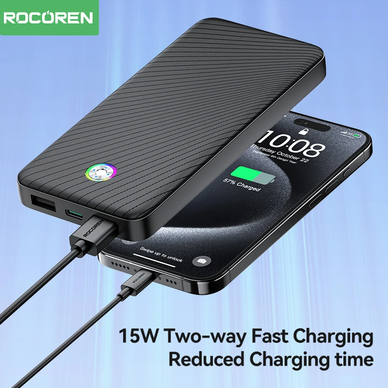 Rocoren 10000mAh Power Bank 15W Fast Charging Portable 10000mAh Large Capacity Powerbank Quick Charge For iPhone Samsung Xiaomi