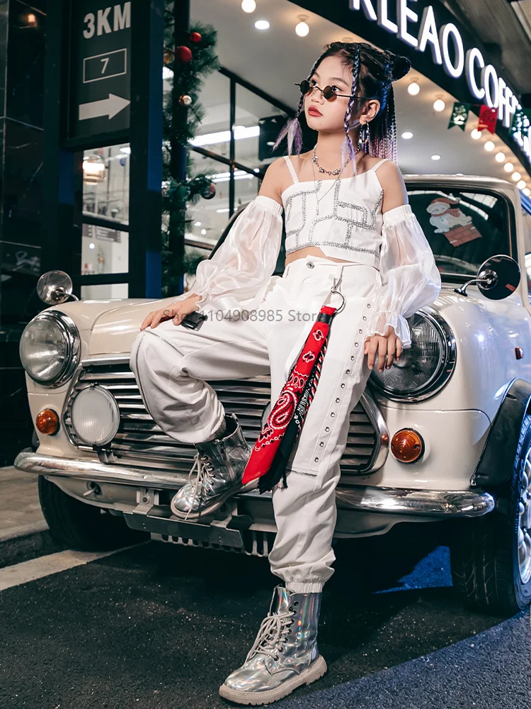 

K-pop Stage Outfits White Suit Urban Dance Girl Cool Clothes for Children Jazz Street Dance Y2K Catwalk Show Performance