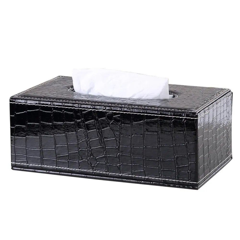

PU Leather Tissue Box Cover Holder for 3.1 Inch Tall Dispenser Black Crocodile Texture Home Kitchen Decor Accessory Soft