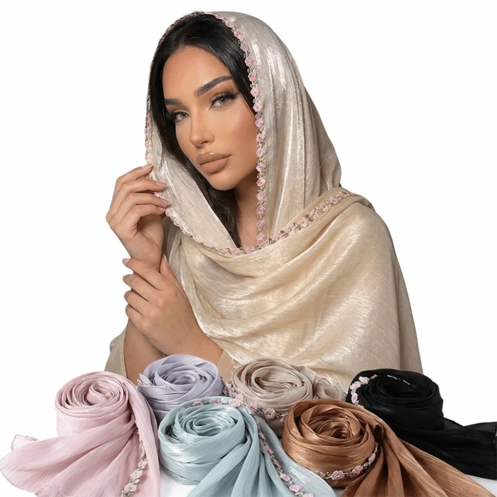 

Soft Sheer Women’s Headscarf Shiny Floral Embroidery Floral Hijab Breathable Hooded Sheer Veil Prayer Wear