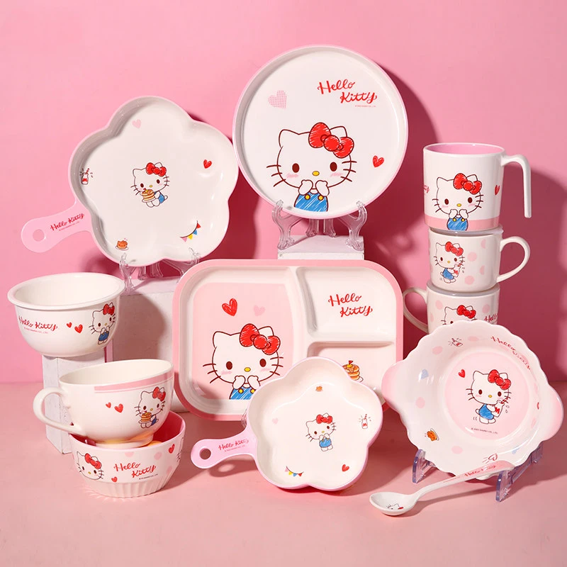 Tazón de melamina de Hello Kitty, juego de vajilla para niña de dibujos animados, tazón para desayuno, plato, vajilla resistente al calor y a prueba de golpes, sin BPA