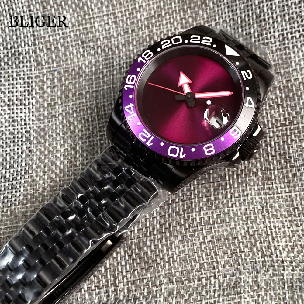 BLIGER 200M Waterproof NH35A Movement Automatic Diver Watch Men Purple Dial PVD Case Jubilee Bracelet