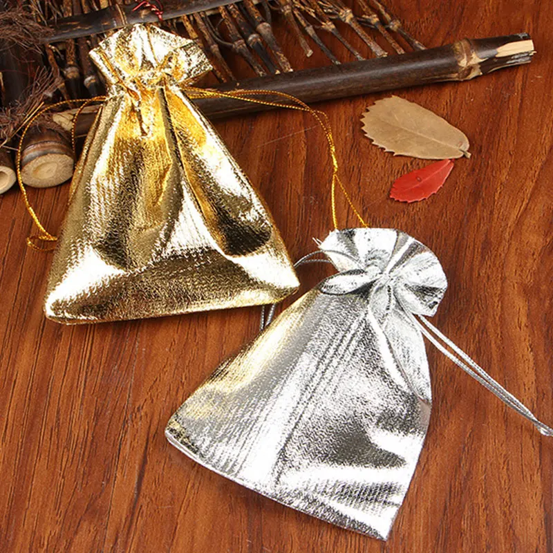 50pcs 7x9 9x12 10x15cm Adjustable Jewelry Packing Fabric Bag Gold Color Drawstring Wedding Storage Pouch Christmas Gift Package