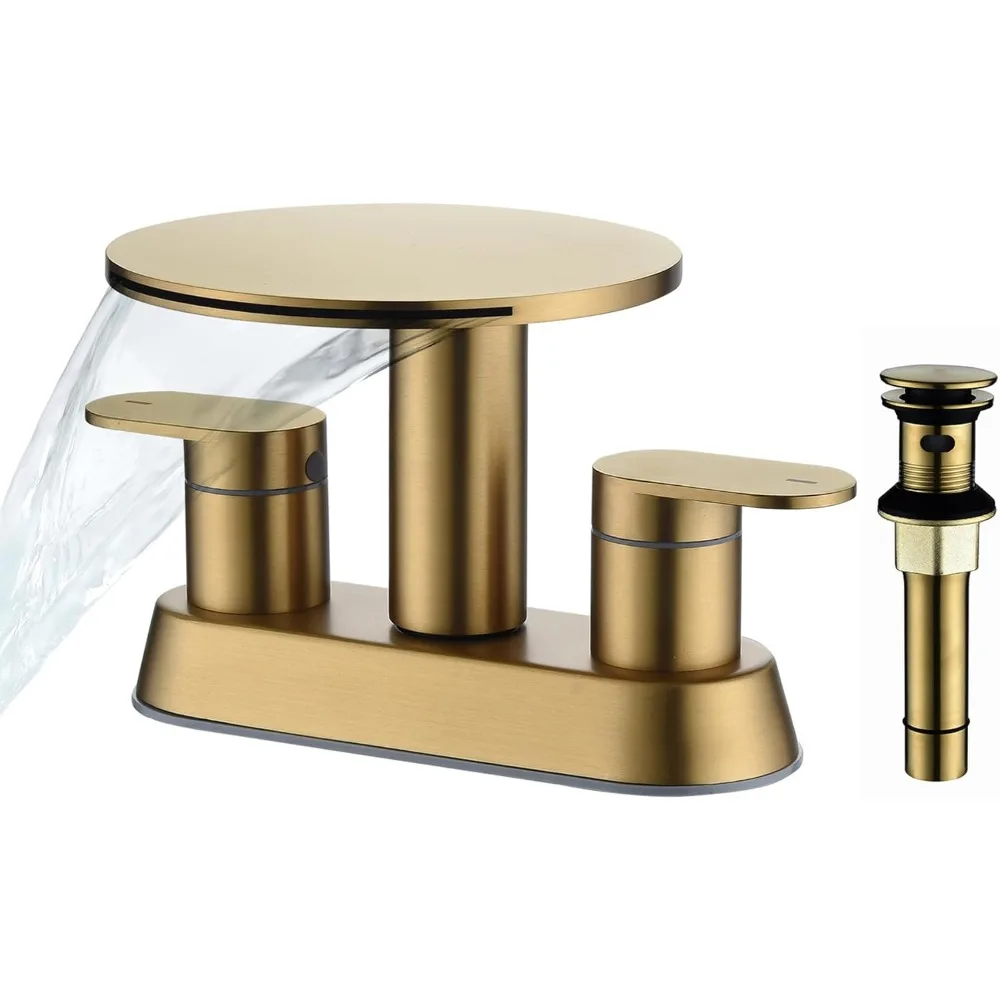 

Brushed Gold 3-Hole Waterfall Bathroom Faucet, 4-Inch Centerset 2-Handle Stainless Steel, Pop-Up Drain (Vanity/RV Sink)