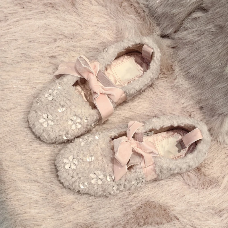

Crystal Decro Short Plush Ballet Flats Shoes for Women Bow Tie Fluffy Winter Mary Janes Shoes Ladies Slip-on Elegant Loafers