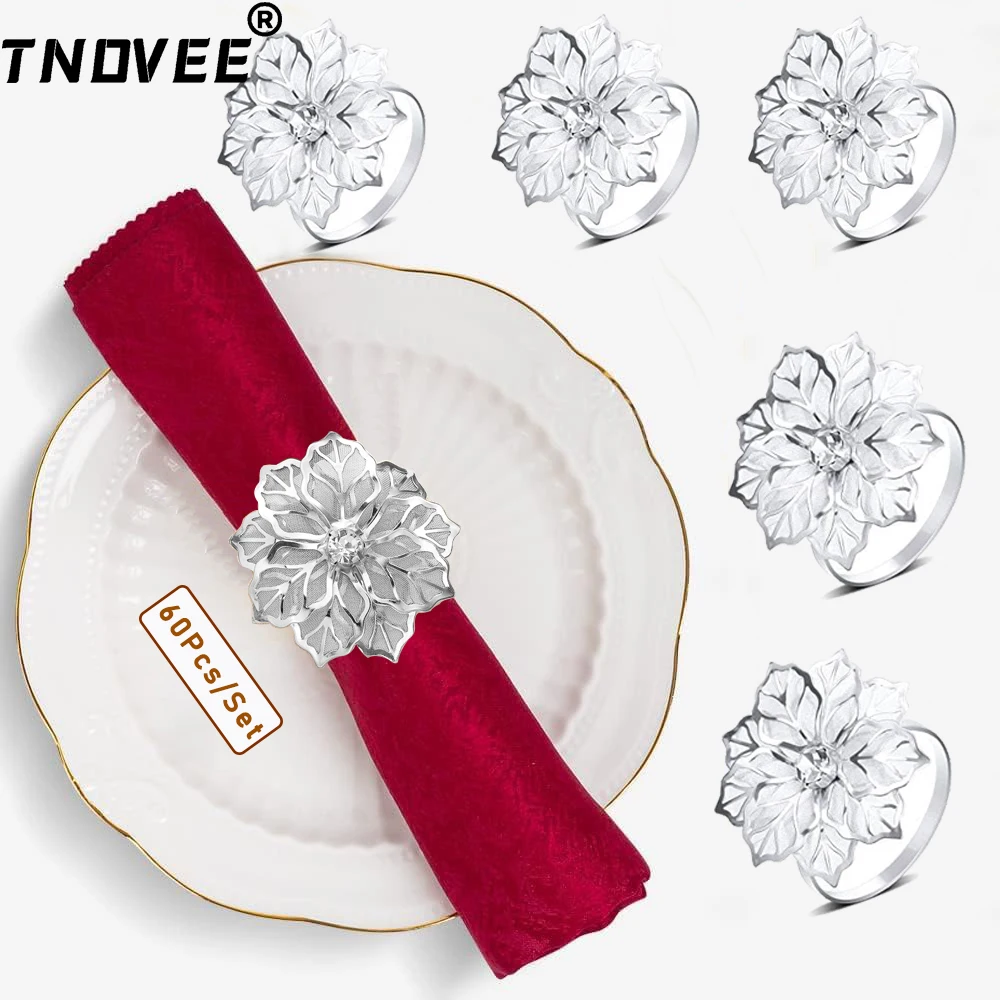 60Pcs Napkin Ring Silver Rhinestone Flower Napkin Holder for Wedding Party Holiday Daily Use Christmas Dinner Table Decor ERM04