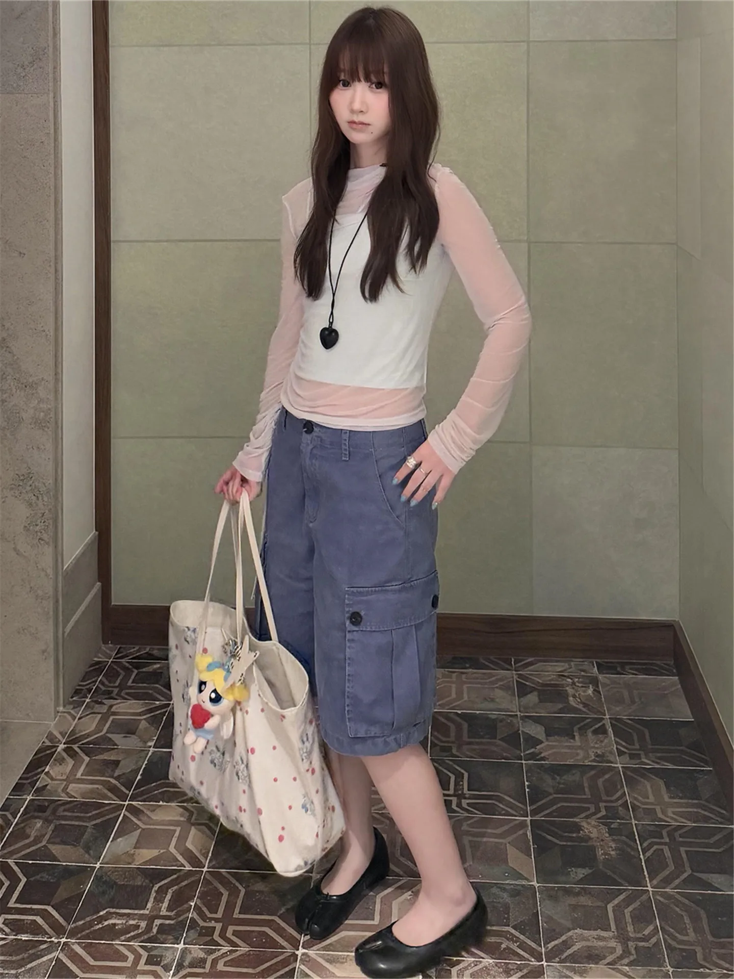 American Vintage Spicy Girl Work Pants Women Summer Loose Slim Multi Pocket Denim Mid-Length Casual Straight Leg Trousers