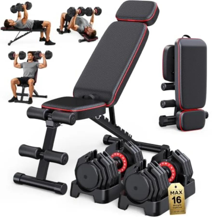 Home workout bench with adjustable dumbbell set: steel construction, black finish, space-saving foldable design