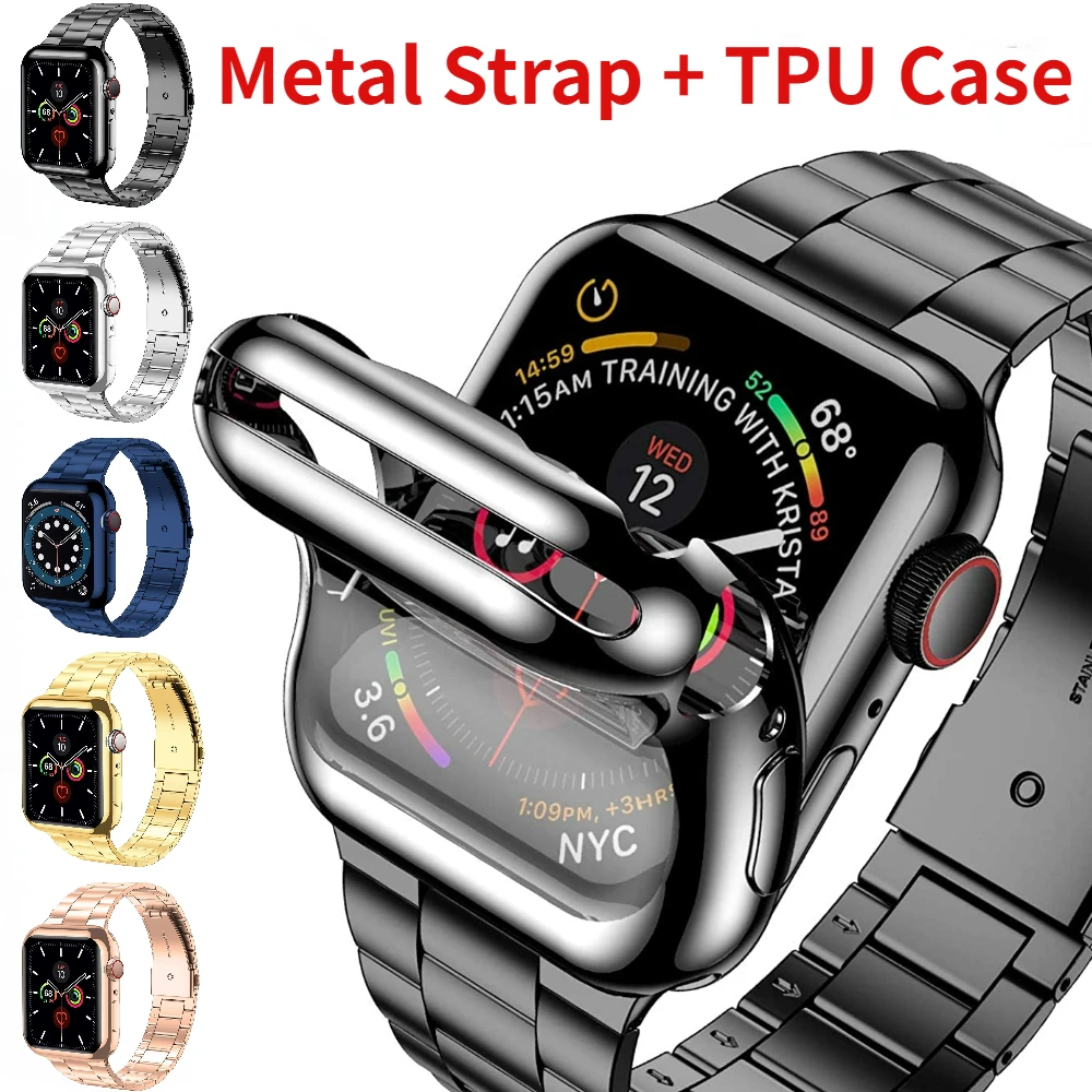 

Metal Band + TPU Case For Apple Watch 45mm 44mm 42mm 41mm 40mm 38mm Stainless Steel Wristband iWatch Series 8 7 6 5 4 SE 3 Cover