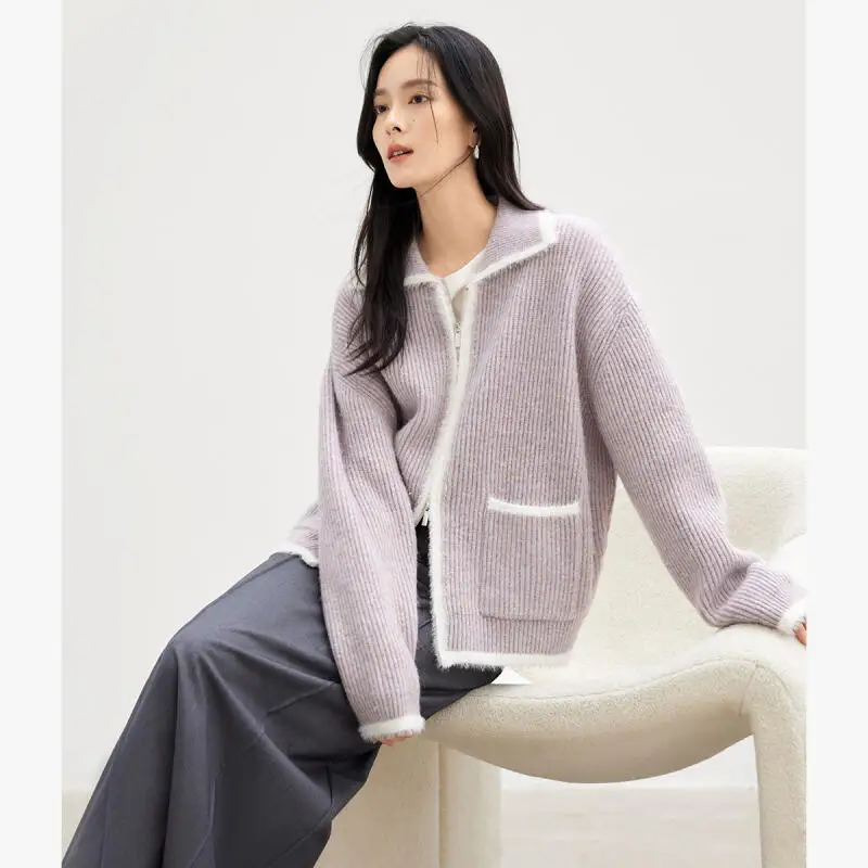 

Women's Knitted Cardigan Sweater Pullover Girls Korean Style Autumn Winter Color Blocking Knitwear Thicken Solid Color Outerwear