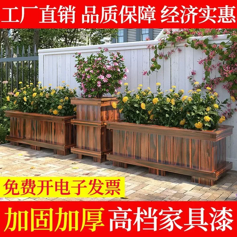 For Outdoor Courtyard Balcony Carbonized Wood Flower Box Large Anticorrosive Vegetable Planting Pot Garden Project Planter