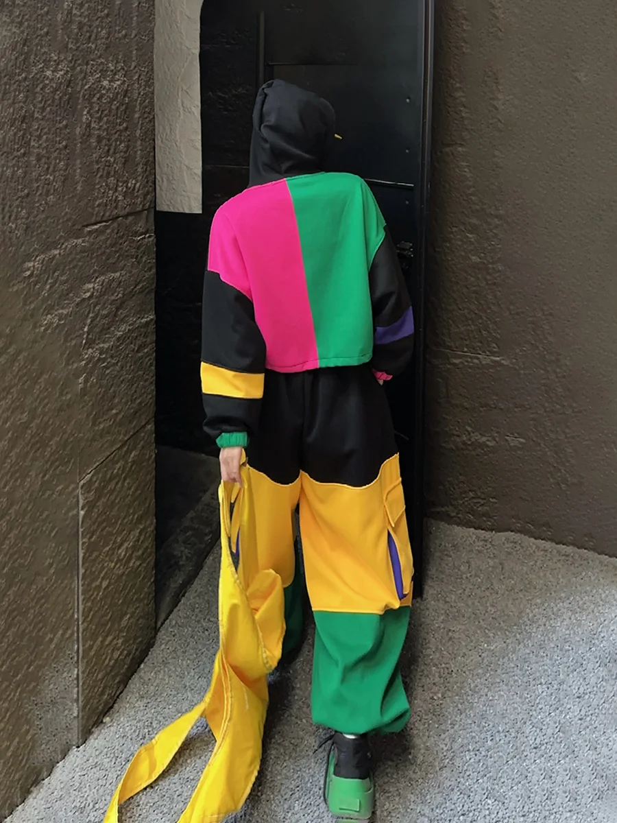 Multicolorido retalhos zíper hoodies 2 peça conjunto mulher roupas conjuntos de calças de grandes dimensões moda coreana jaqueta curta conjuntos de correspondência