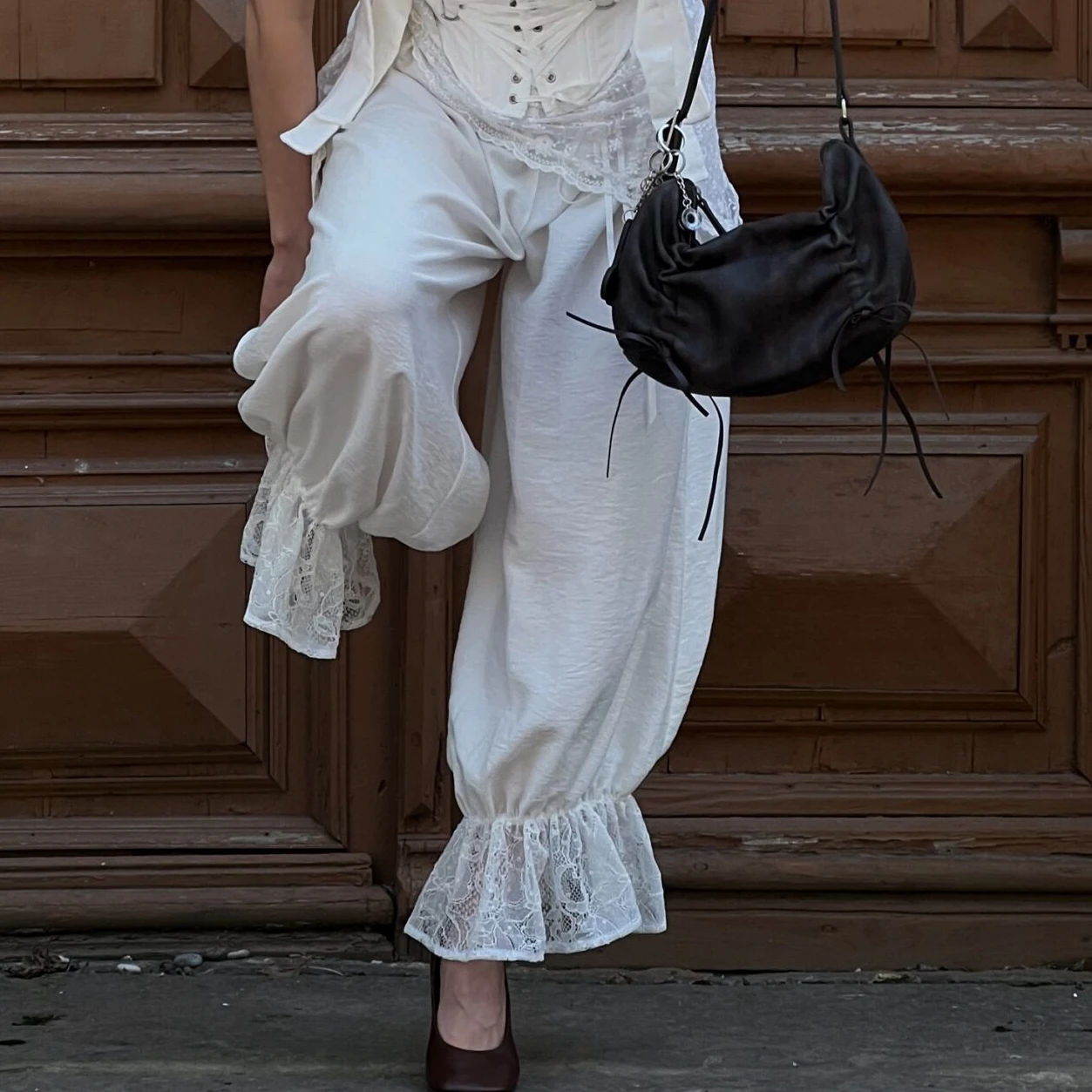 Elegant Women Lace Panel Lantern Pants 2025 Collection Soild Color Patchwork Basic Bloomers Pants