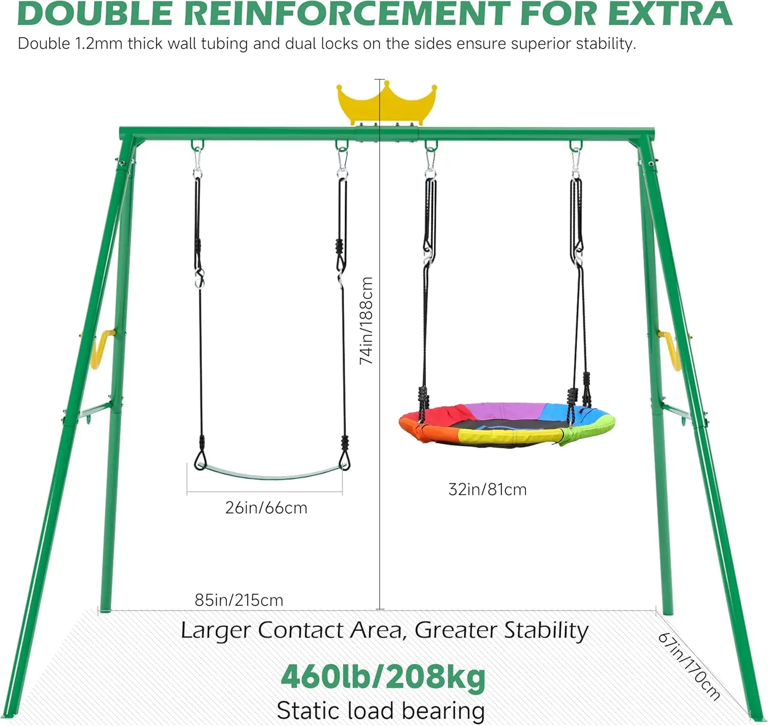 Balançoire et hamac Crown 2 en 1, ensembles de balançoires à 2 places de 460lb pour l'arrière-cour, ensemble de balançoires pour enfants en plein air, métal robuste, 1 soucoupe et 1 ceinture pour