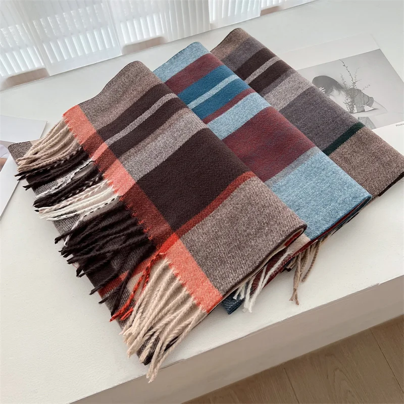 Striped Color Block Designer Winter Scarf Women Cashmere Shawl Travel Blanket Fashion Wrap Outdoor Warm Poncho Stole