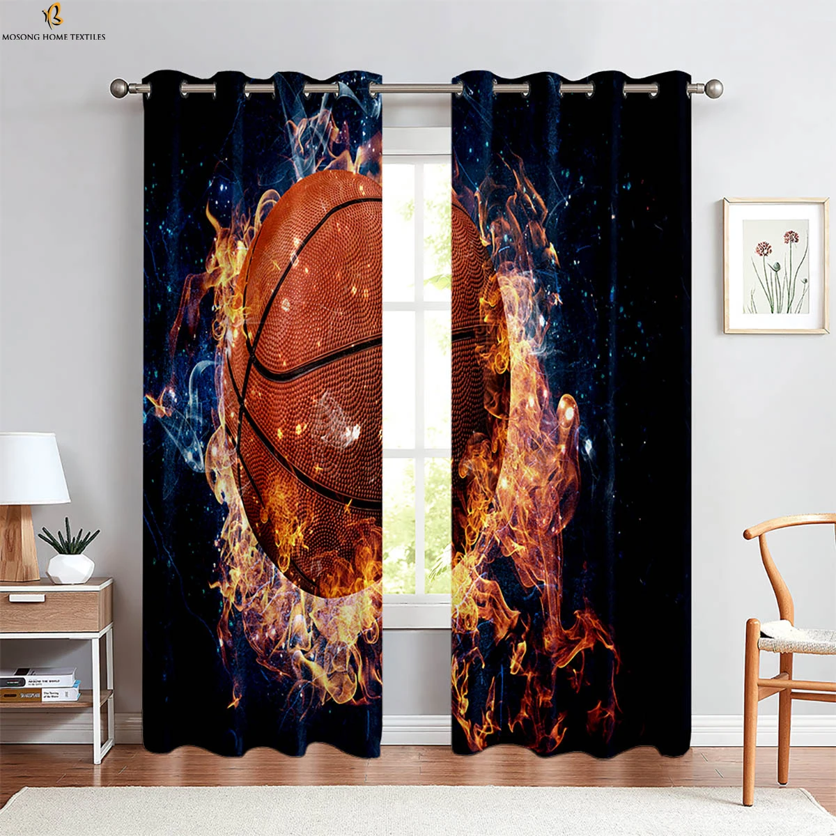 2-Piece Flame Basketball 3d Printed Curtains Polyester Fiber Machine Washable Bedroom Living Room Kitchen Decorative Curtains